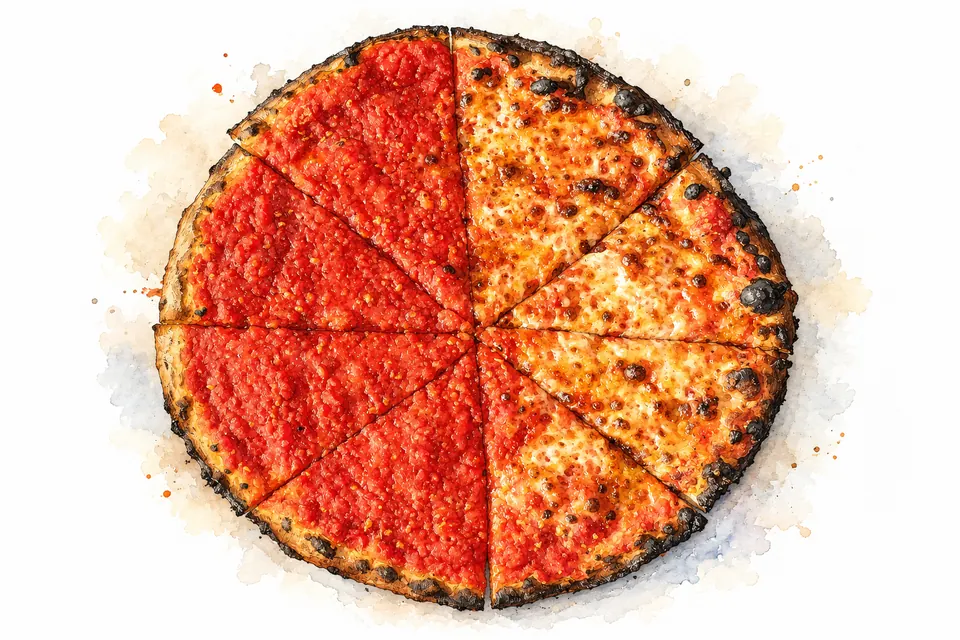 Aquarell einer dünnen Pizza, eine Hälfte mit Tomatensauce, die andere mit geschmolzenem Käse.
