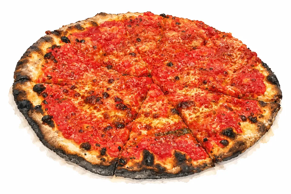Aquarell einer flachen Pizza mit roter Tomatensauce, wenig geriebenem Hartkäse und dunklem, unregelmäßigem Rand.