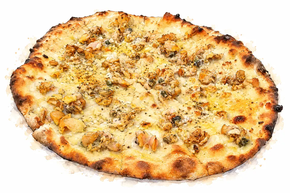 Aquarell einer Pizza mit Muschelfleisch und hellem Belag ohne Tomatensauce.