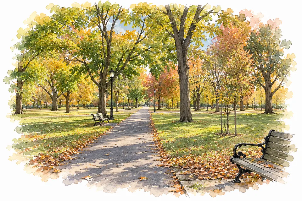 Aquarell eines Wegs zwischen Bäumen und Parkbänken im Wooster Square Park.