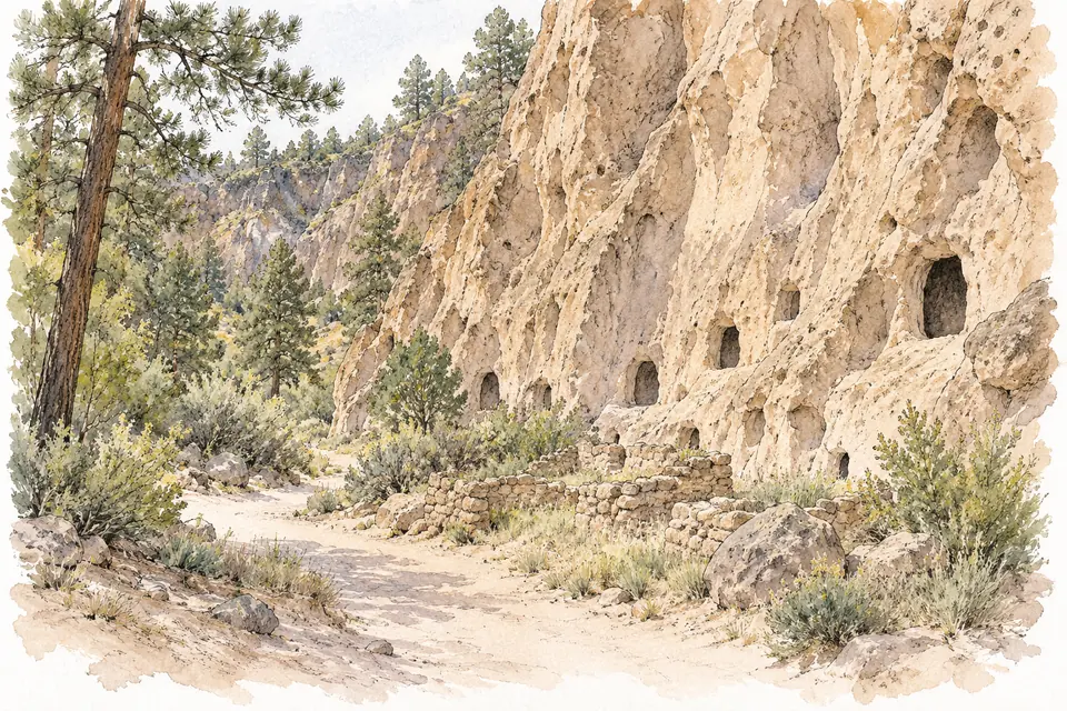 Aquarell einer hellen, löchrigen Felswand mit in den Fels gegrabenen Öffnungen, davor Reste gemauerter Wände, Kiefern und ein Sandweg.
