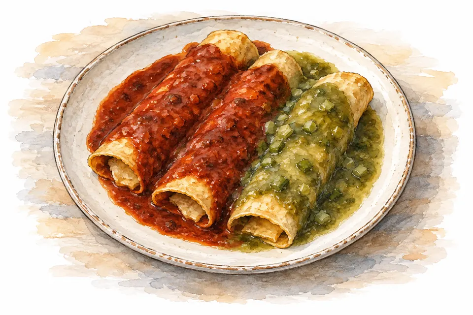 Aquarell eines Tellers mit gerollten Tortillas, zur einen Hälfte mit roter, zur anderen mit grüner Chilesauce bedeckt.