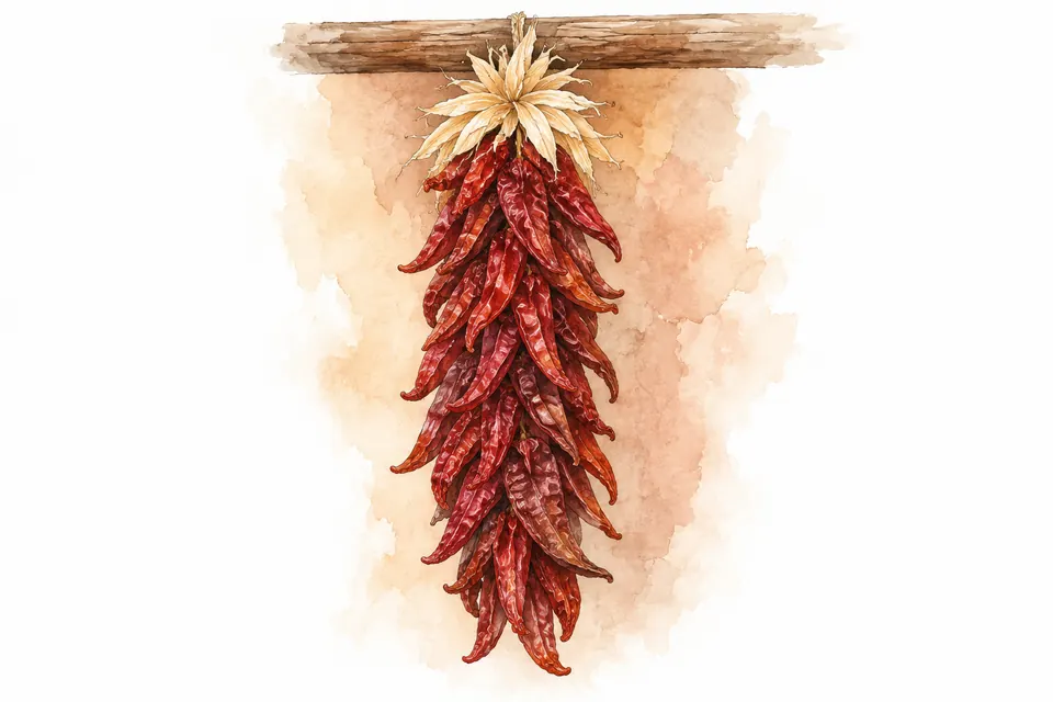 Aquarell einer Ristra: getrocknete rote Chileschoten, dicht an einer Schnur gebunden, oben ein Büschel Maisblätter, an einem Holzbalken hängend.