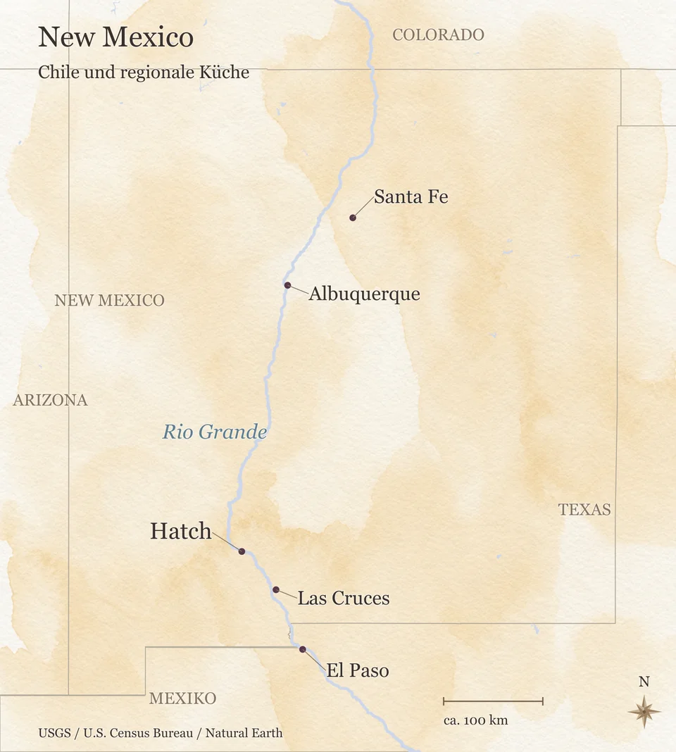 Übersichtskarte New Mexico mit dem Rio Grande und den Orten Santa Fe, Albuquerque, Hatch, Las Cruces und El Paso; angrenzend Arizona, Colorado, Texas und Mexiko.