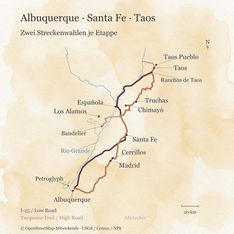 Aquarellkarte zwischen Albuquerque, Santa Fe und Taos mit I-25 und Turquoise Trail sowie Low Road und High Road, dem Rio Grande, wichtigen Orten und den Abstechern Richtung Bandelier und zur Schlucht westlich von Taos.