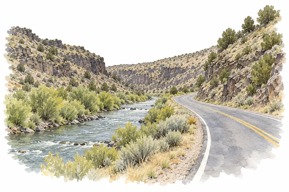 Aquarell einer Straße neben einem Fluss mit Stromschnellen in einem felsigen Tal mit Wacholder und Beifuß.