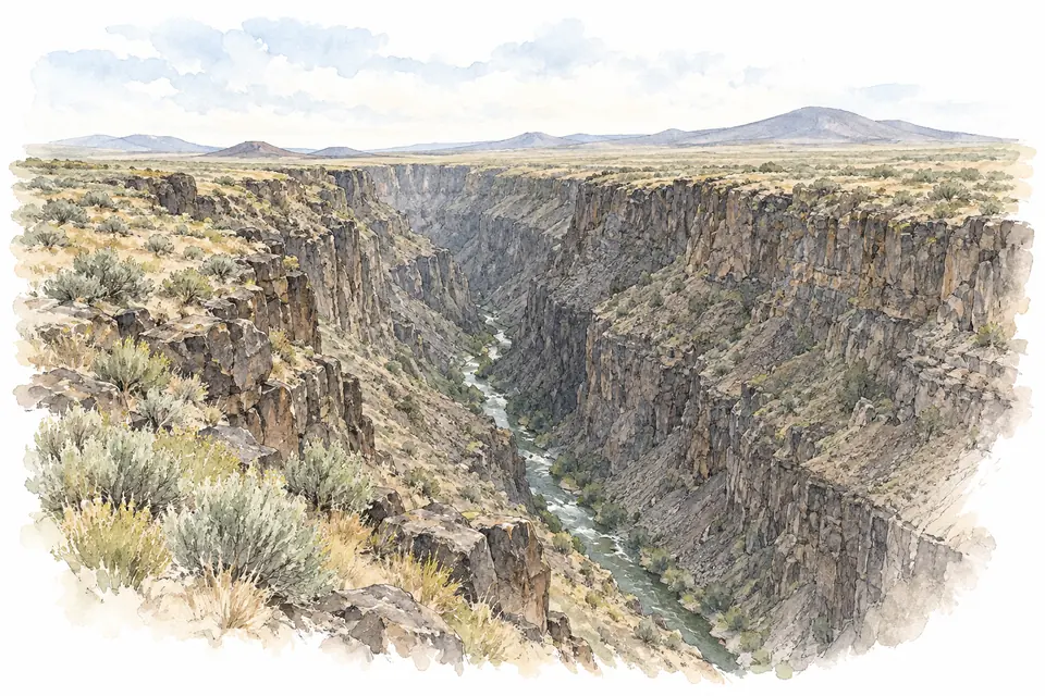 Aquarell einer tiefen, steilwandigen Schlucht mit einem Fluss am Grund, darüber eine Ebene mit Beifuß und Vulkankegeln am Horizont.