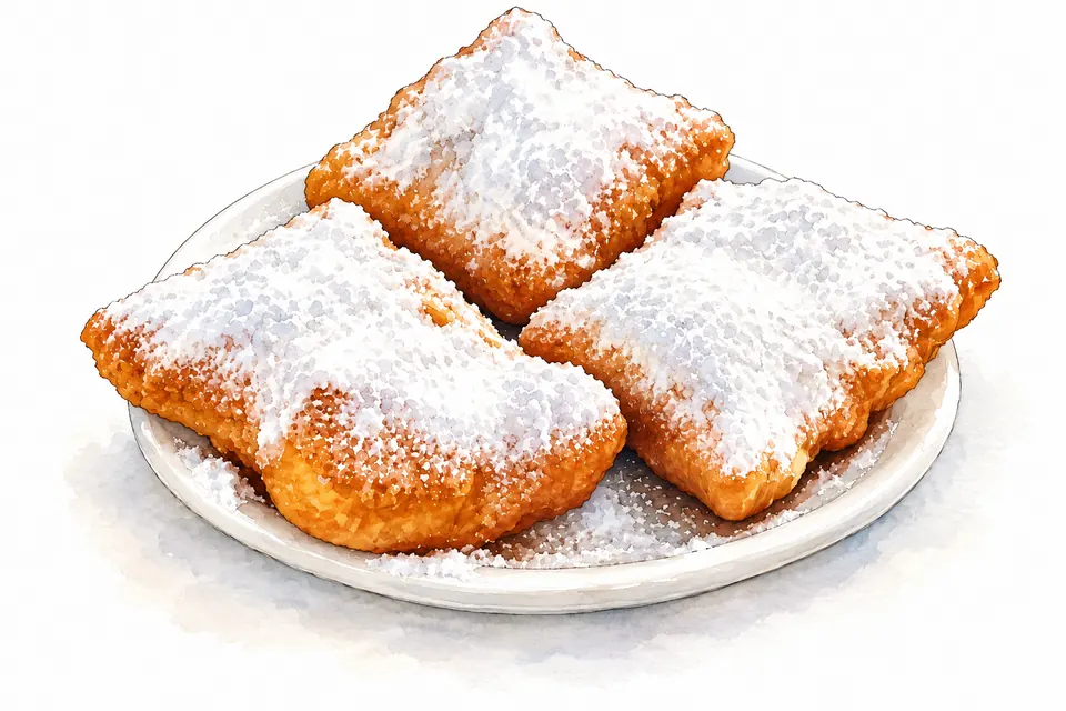 Aquarell von drei quadratischen, goldbraun frittierten Beignets mit dicker Puderzuckerschicht auf einem weißen Teller.