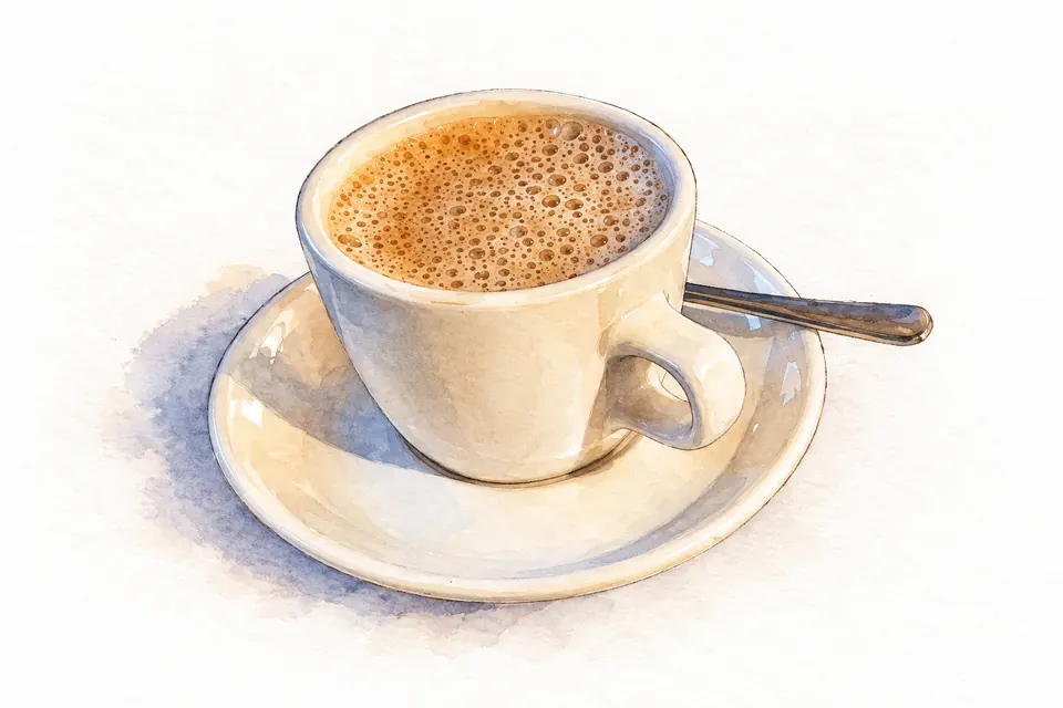 Aquarell einer weißen Tasse mit hellbraunem Milchkaffee auf einer Untertasse, daneben ein Löffel.