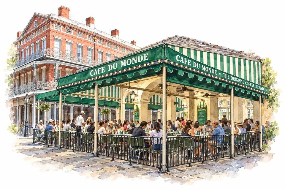 Aquarell des Café du Monde: eine grüne Markise mit dem Schriftzug Cafe du Monde über der Terrasse, auf der Gäste an Tischen hinter einem schwarzen Geländer sitzen. Dahinter steht ein rotes Backsteinhaus mit hellen, verzierten Balkongalerien.