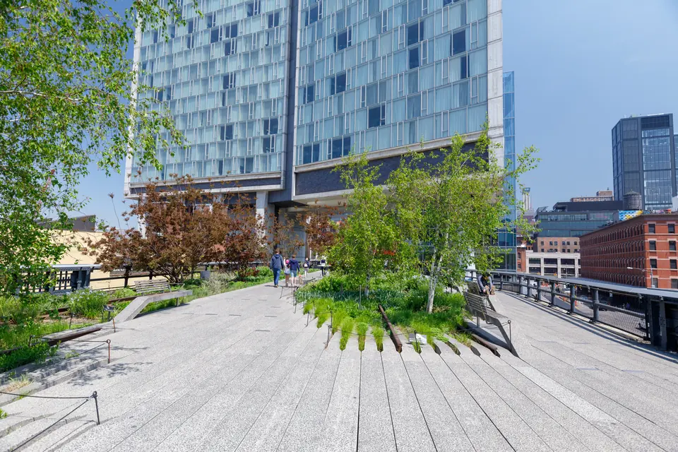 Breiter Abschnitt der High Line mit Betonplanken, die in Sitzbänke übergehen, dazu junge Birken und Beete; darüber ein Glasgebäude auf Stützen.