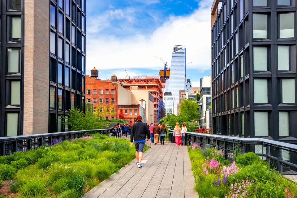 Ein Weg aus Betonplanken führt zwischen dicht bepflanzten Beeten mit Gräsern und rosa blühenden Stauden über die High Line, auf ihm gehen Menschen spazieren. Links und rechts stehen dunkle Gebäude mit großen Fenstern, im Hintergrund ein gläsernes Hochhaus und Baukräne.