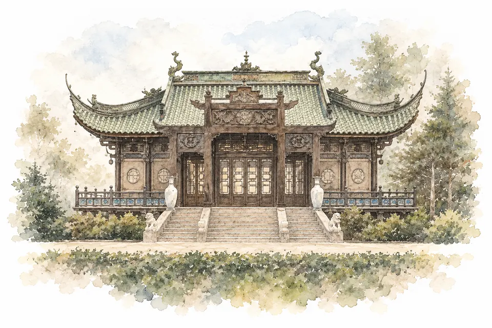 Historische Front des Chinese Tea House mit aufgebogenem Dach, zwei Vasen und breiter Treppe.