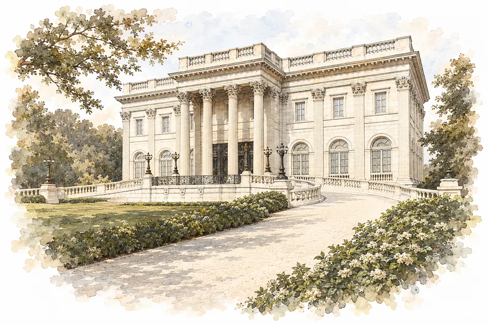 Historische Front von Marble House mit vier Säulen vor dem Eingang, Dachbalustraden und geschwungener Terrasse.