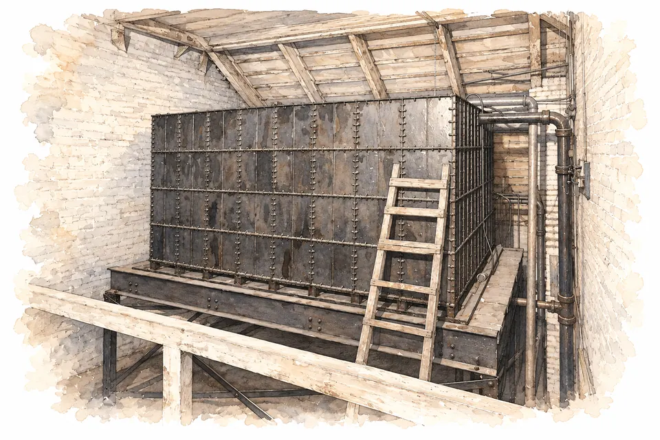 Historischer rechteckiger Wassertank aus Metallplatten unter Dachbalken, mit Leiter und seitlichen Rohrleitungen.