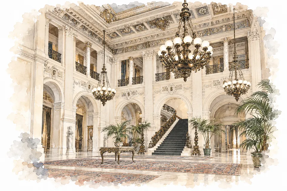 Hohe Great Hall mit Balkon, großer Treppe, Kugelleuchtern und Palmen in einer historischen Aquarellansicht.