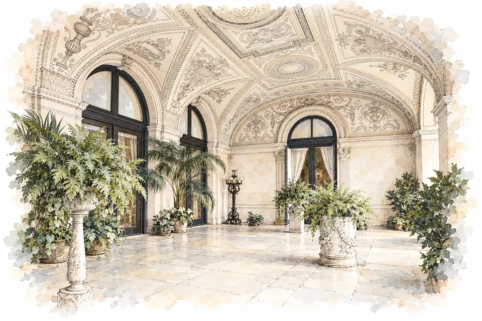 Historische untere Loggia mit verziertem Gewölbe, hohen Bogentüren und Pflanzen in Vasen.