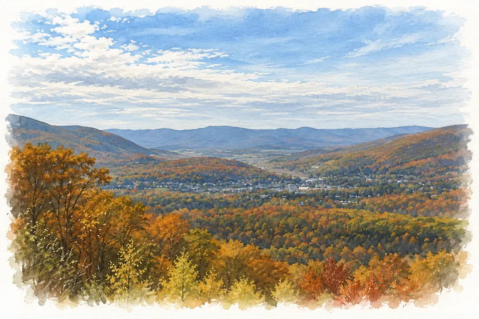 Aquarell: Blick von einer bewaldeten Anhöhe mit Herbstlaub über ein weites Tal mit einer Stadt, dahinter mehrere Bergketten.