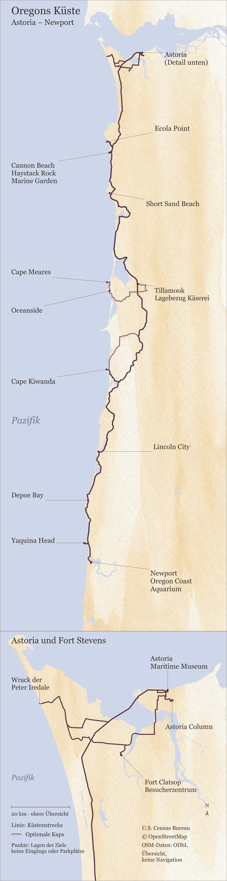 Karte der Oregon-Küste zwischen Astoria und Newport mit Ecola Point, Cannon Beach, Short Sand Beach, Tillamook, Cape Meares, Oceanside, Cape Kiwanda, Lincoln City, Depoe Bay und Yaquina Head. Eine Detailansicht zeigt Maritime Museum, Astoria Column, das Besucherzentrum von Fort Clatsop und das Wrack der Peter Iredale.