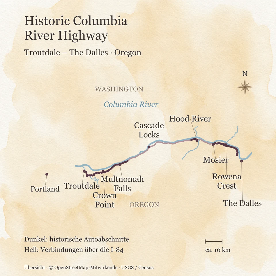 Übersichtskarte der Columbia-Schlucht in Oregon von Troutdale bis The Dalles mit den drei Autoabschnitten des Historic Columbia River Highway, den Verbindungen über die Interstate 84 und Orientierungspunkten wie Multnomah Falls, Cascade Locks, Hood River und Mosier; Portland ist als Ort zur Orientierung eingezeichnet.