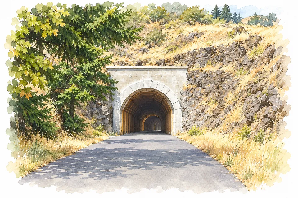 Aquarell eines asphaltierten Wegs, der zwischen Bäumen und einer felsigen Böschung in ein rundbogiges Tunnelportal führt.