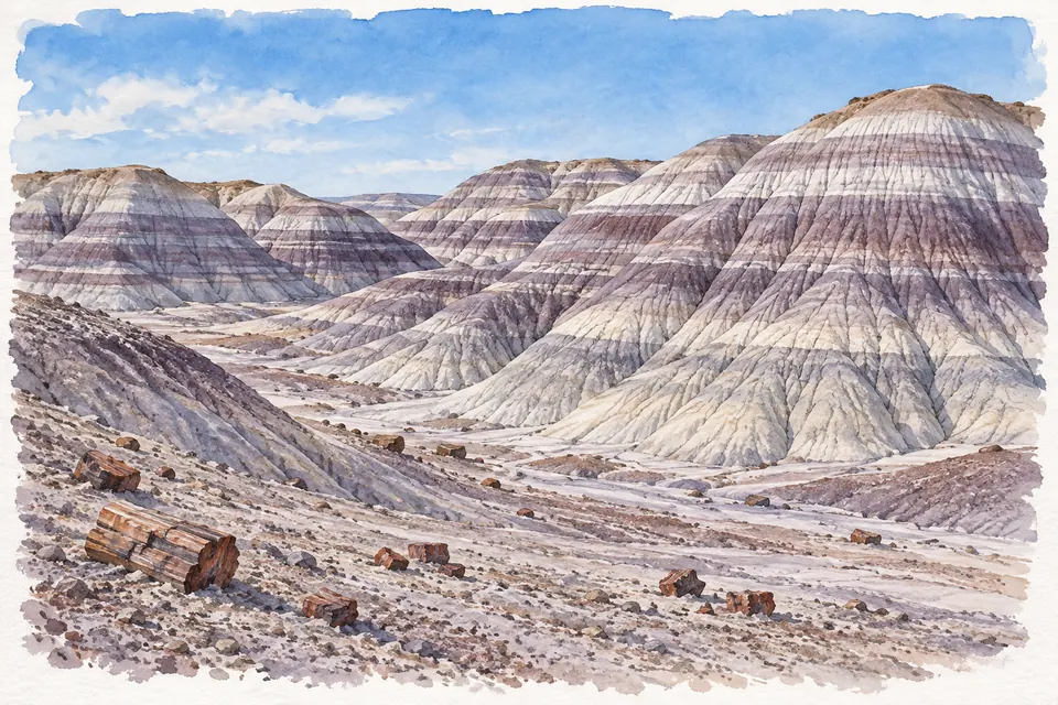 Aquarell abgerundeter, von Rinnen durchzogener Badlandshügel mit hellgrauen und violetten Schichten.