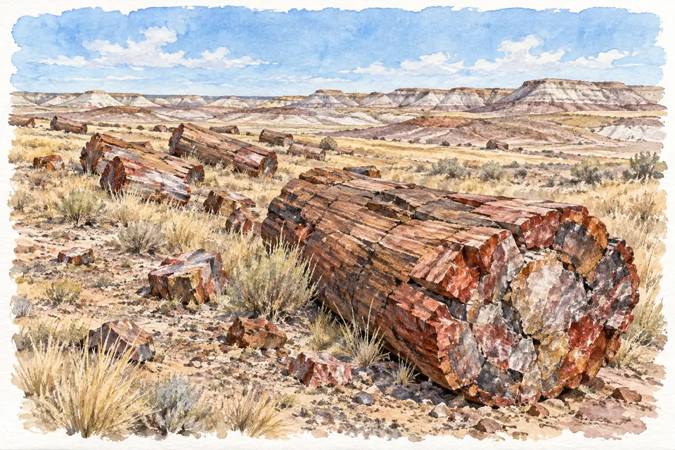 Aquarell rotbrauner versteinerter Baumstämme und Bruchstücke auf trockenem Grasland vor niedrigen Badlands.