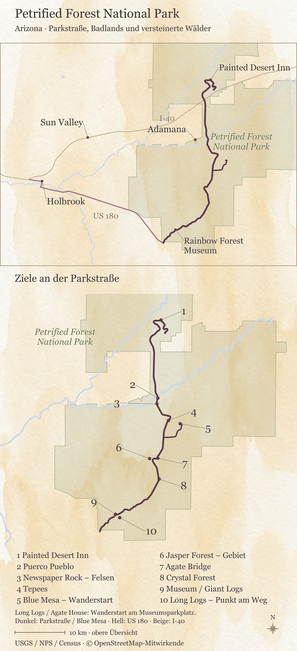 Karte des Petrified Forest National Park zwischen der Interstate 40 und dem Highway 180 mit Holbrook, der Parkstraße vom Norden bis zum Rainbow Forest Museum im Süden und einer Detailansicht mit zehn nummerierten Zielen: Painted Desert Inn, Puerco Pueblo, Newspaper Rock, Tepees, Blue Mesa, Jasper Forest, Agate Bridge, Crystal Forest, Museum mit Giant Logs und Long Logs.