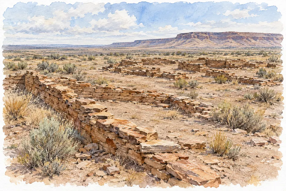 Niedrige Mauerreste aus übereinandergelegten Sandsteinplatten umschließen mehrere rechteckige Räume in trockener Landschaft.