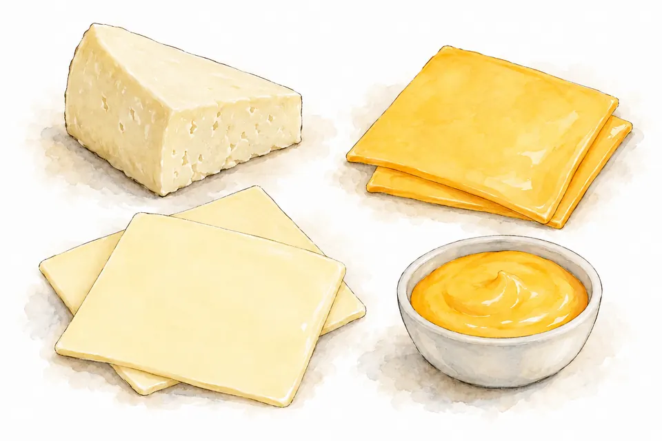 Aquarell eines hellen Käsekeils, gelber und cremefarbener Käsescheiben sowie einer Schale goldgelber Käsesoße.