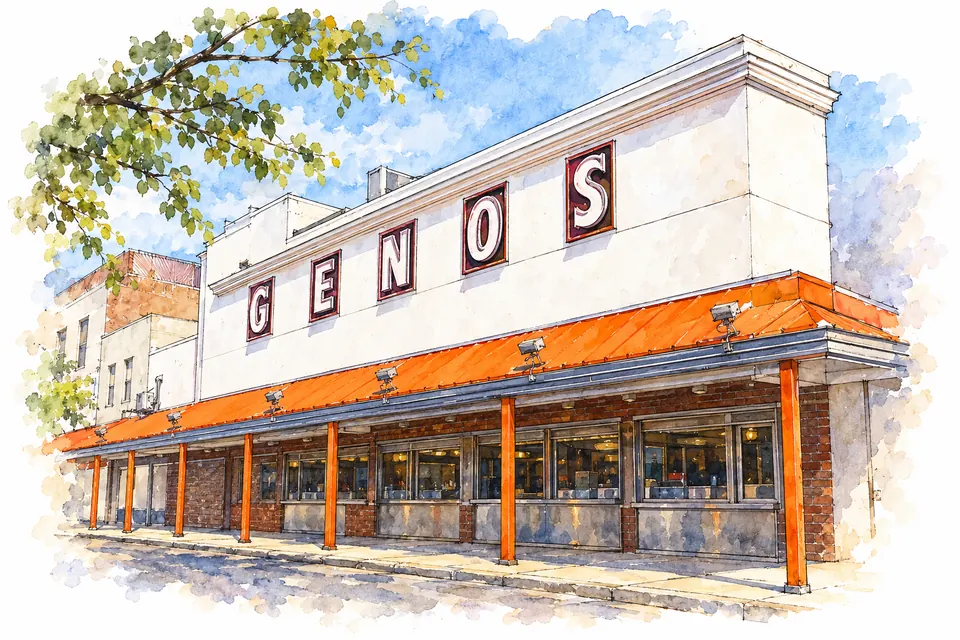 Aquarell einer weißen Seitenfassade mit den Buchstaben von Geno's und einer langen orangefarbenen Markise über den Fenstern.