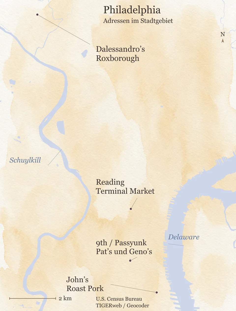 Karte von Philadelphia mit den ungefähren Lagen von Dalessandro's in Roxborough, dem Reading Terminal Market, Pat's und Geno's an der Kreuzung von 9th Street und Passyunk Avenue sowie John's Roast Pork, dazu Schuylkill und Delaware; Übersicht ohne Wege.