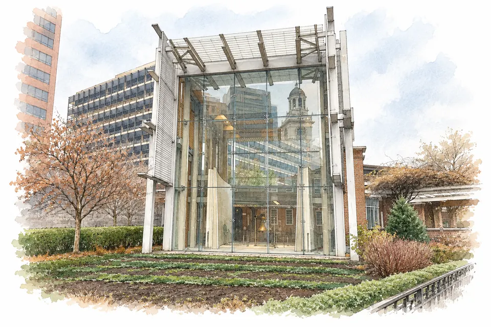 Aquarell eines Pavillons mit hoher Glasfassade und Dachlamellen, in dem sich ein Turm spiegelt. Dahinter stehen Bürogebäude, davor Bäume mit Herbstlaub.