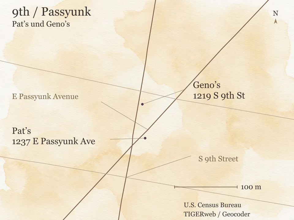 Karte der Kreuzung von South 9th Street und East Passyunk Avenue mit den ungefähren Lagen von Pat's an der 1237 East Passyunk Avenue und Geno's an der 1219 South 9th Street; ohne Gehweg.