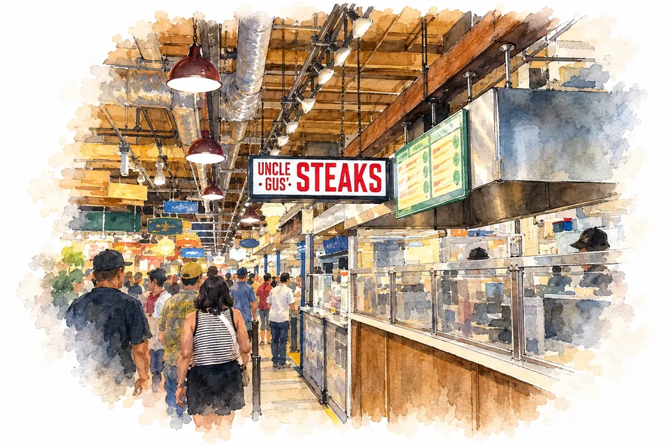 Aquarell einer gläsernen Theke unter dem Schild von Uncle Gus' Steaks, mit Holzbalken und Leuchten einer belebten Markthalle.