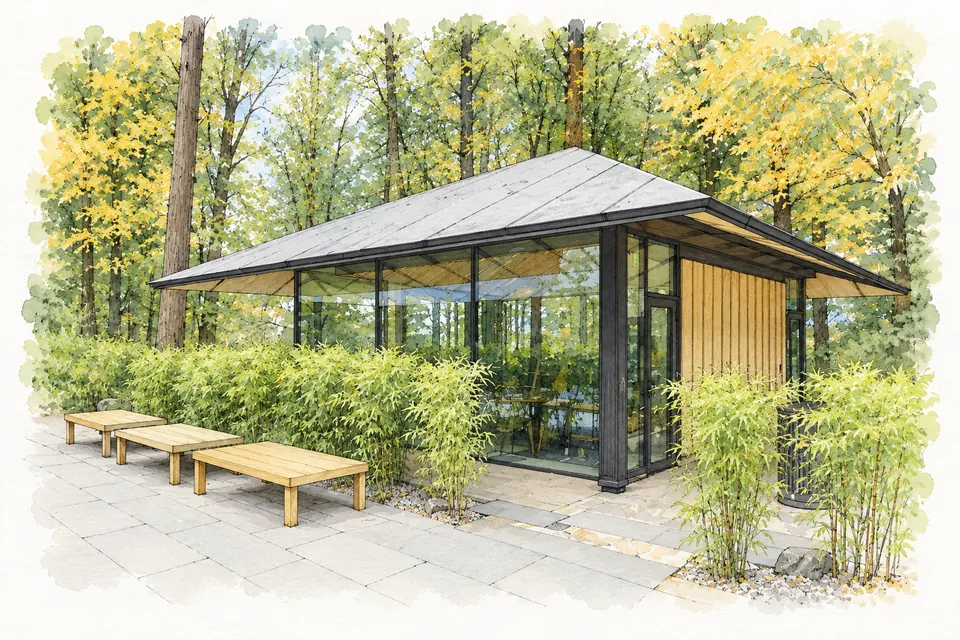 Aquarell eines Pavillons mit Glaswänden, Holzpfosten und flachem Walmdach zwischen Bambus und Bäumen. Davor stehen Holzbänke.