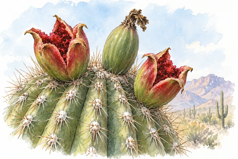 Aquarell: Aufgeplatzte rote und noch geschlossene grüne Saguarofrüchte auf einer Kaktusspitze.