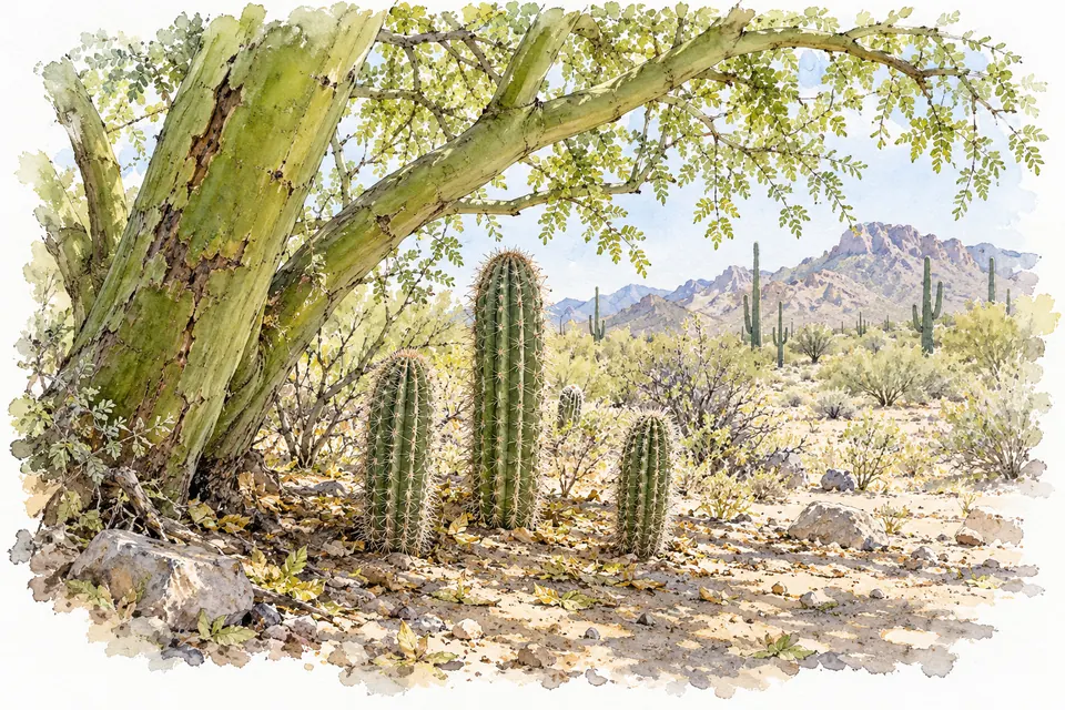 Aquarell: Mehrere kleine, unverzweigte Saguaros unter dem grünen Stamm und der lichten Krone eines Palo Verde.