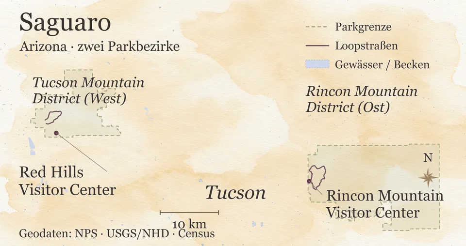 Karte des Saguaro National Park in Arizona mit Tucson Mountain District im Westen und Rincon Mountain District im Osten, beiderseits von Tucson, mit Rundstraßen und den Besucherzentren Red Hills und Rincon Mountain.