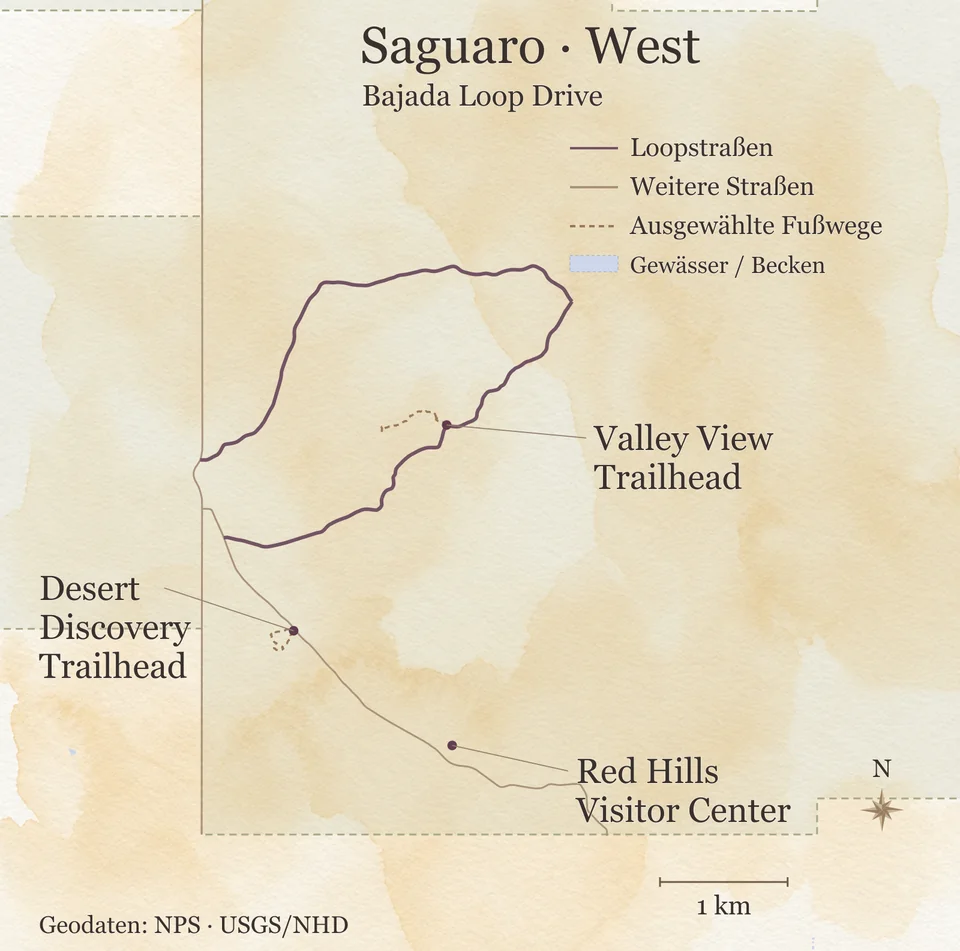 Detailkarte des Westbezirks im Saguaro National Park mit Bajada Loop Drive, Valley View Trailhead, Desert Discovery Trailhead und Red Hills Visitor Center.