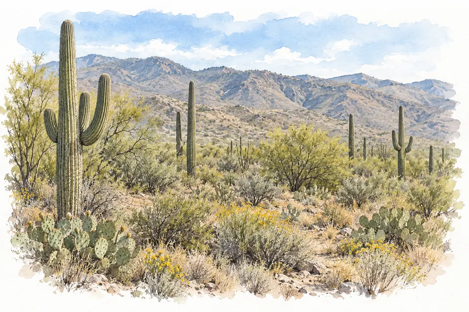 Aquarell: Weit verteilte hohe Saguaros und niedrige Wüstenvegetation vor einem breiten Bergrücken.