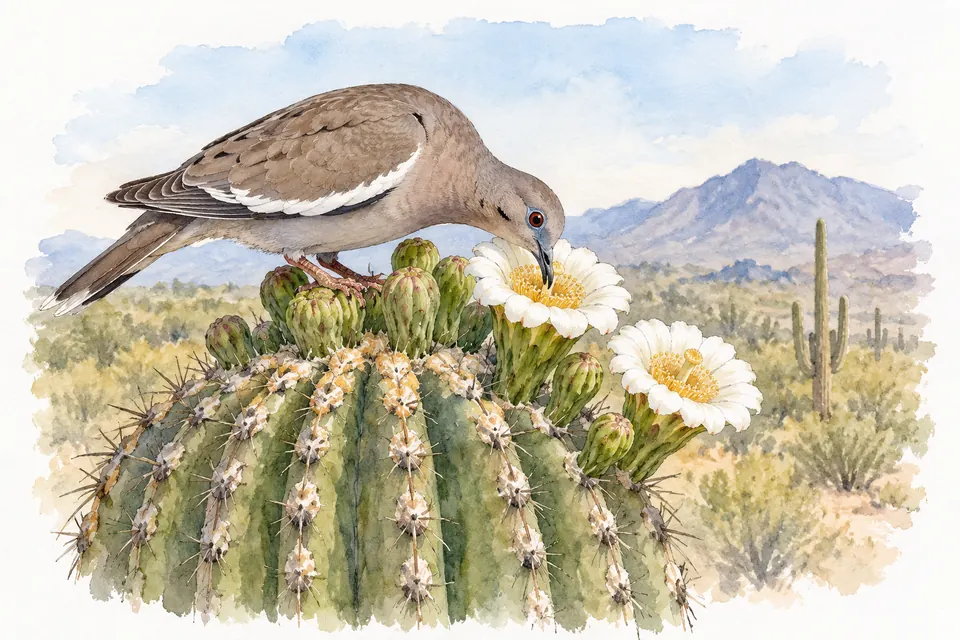 Aquarell: Graubraune Taube mit weißem Flügelstreifen an weißen Saguaroblüten.