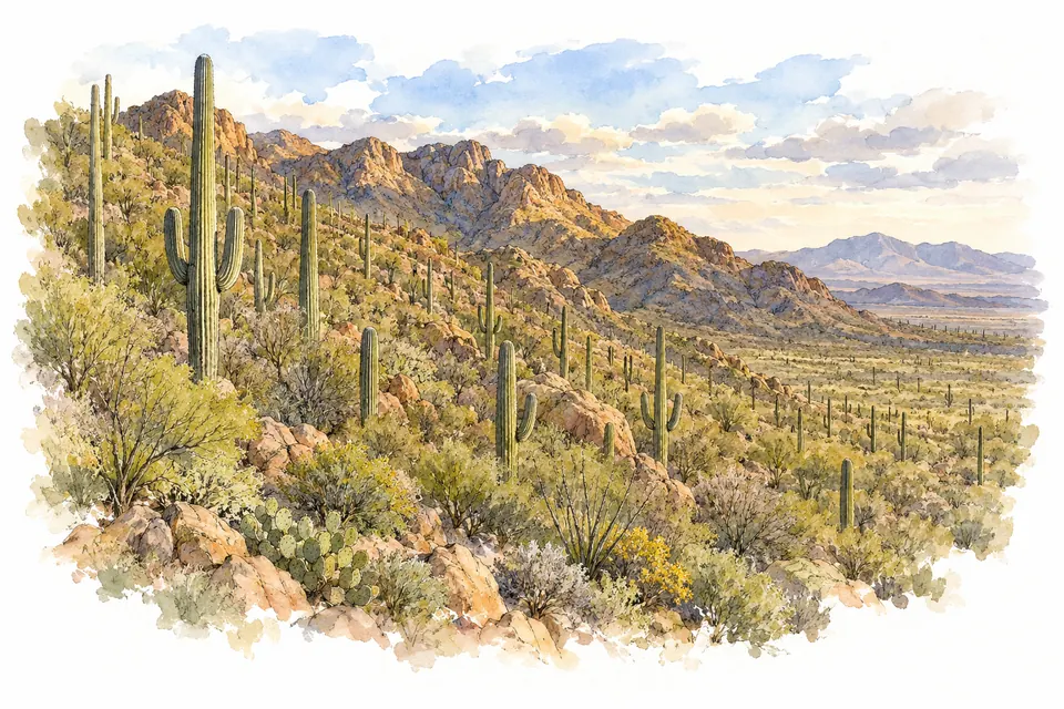 Aquarell: Hohe verzweigte Saguaros vor felsigen Hängen und gezackten Bergen.