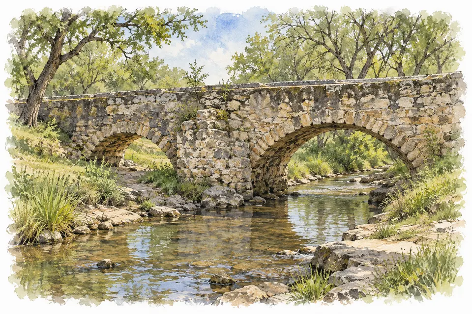 Aquarell einer steinernen Brücke mit zwei Bögen über einem flachen Bach zwischen Bäumen.