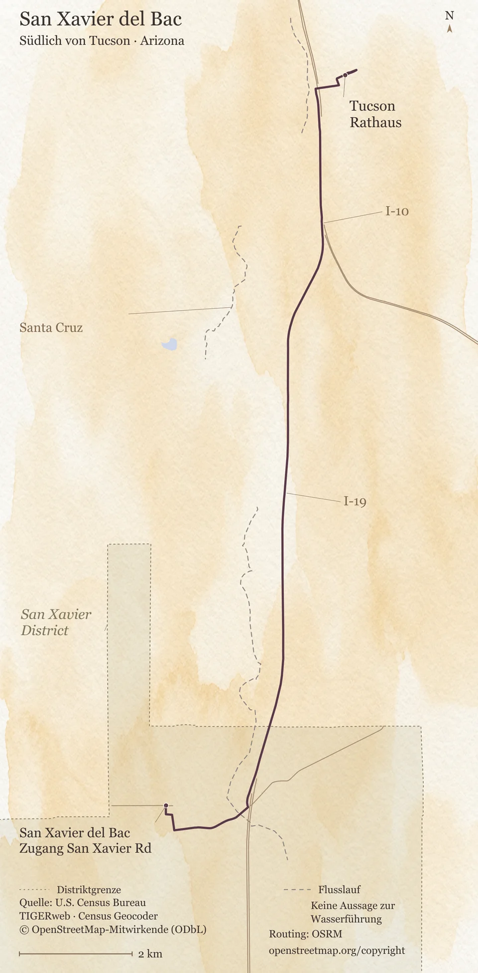 Orientierungskarte südlich von Tucson mit San Xavier del Bac an der San Xavier Road, der Anfahrt ab dem Rathaus über I-10 und I-19, dem San Xavier District und dem Santa-Cruz-Flusslauf.