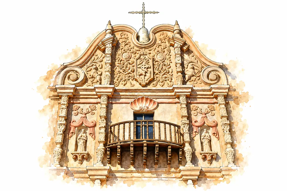 Aquarell des mittleren Fassadengiebels mit Kreuz, ornamentiertem Schild, Voluten, Muschelform über dem Fenster und gebogenem Holzbalkon.
