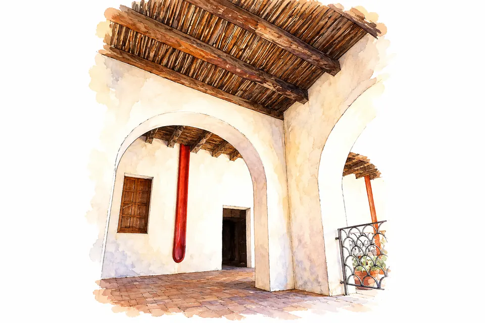 Aquarell eines weißen Hofgangs mit Bogenöffnungen, kräftigen braunen Deckenbalken und dicht angeordneten dünneren Hölzern darüber.