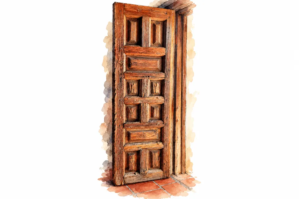 Aquarell eines schmalen hölzernen Türblatts mit zehn vertieften Füllungen, ausgeprägter Maserung und einem Rahmen- und Bodenfragment.
