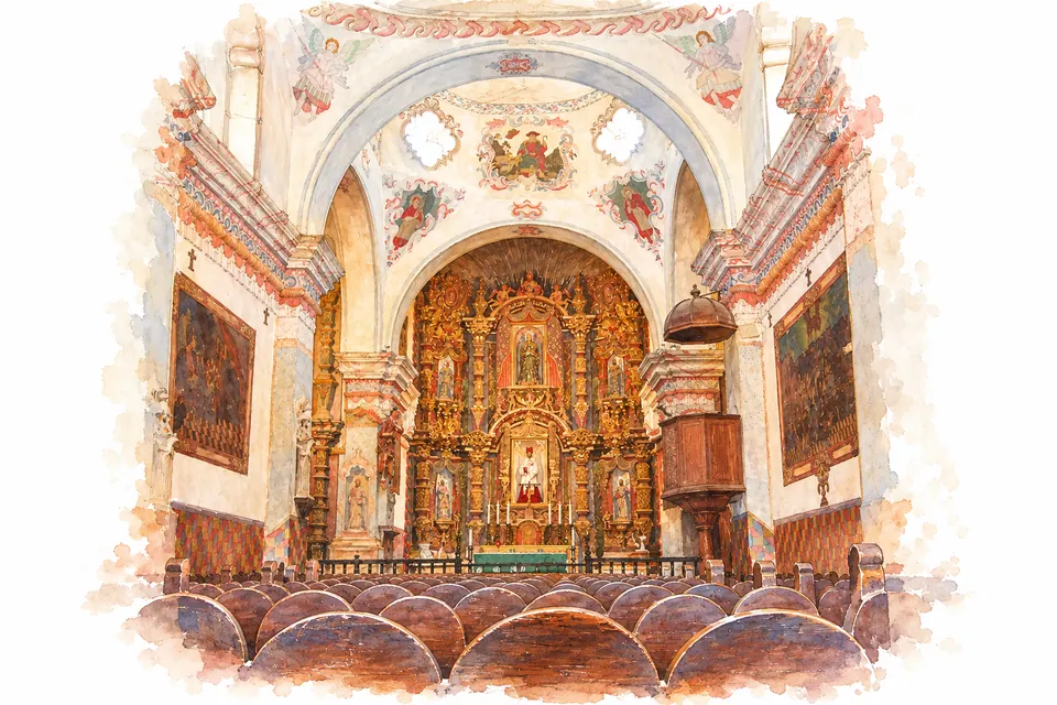 Aquarell eines gewölbten Kirchenraums mit bemalten Bögen, Bankreihen, reich gegliedertem Altaraufbau und einer Kanzel rechts.