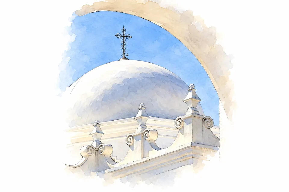 Aquarell der weißen Kirchenkuppel mit Kreuz hinter einer geschwungenen Brüstung mit Zierelementen, darüber ein angeschnittener Torbogen.